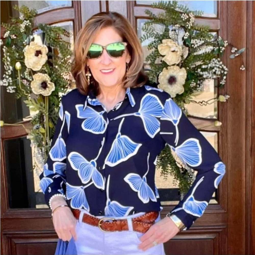 CAbi Navy and Blue Floral Button-Down Shirt